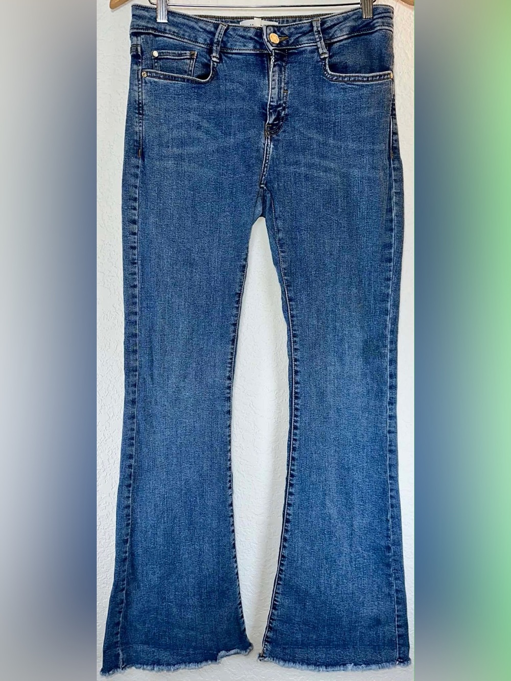Mango Blue Flare Raw Hem Jeans